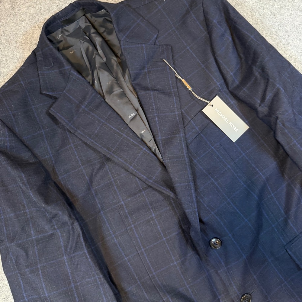 Michael Kors Kidwell Sport Coat Mens 44R Midnight Blue Plaid Wool Blend Blazer
